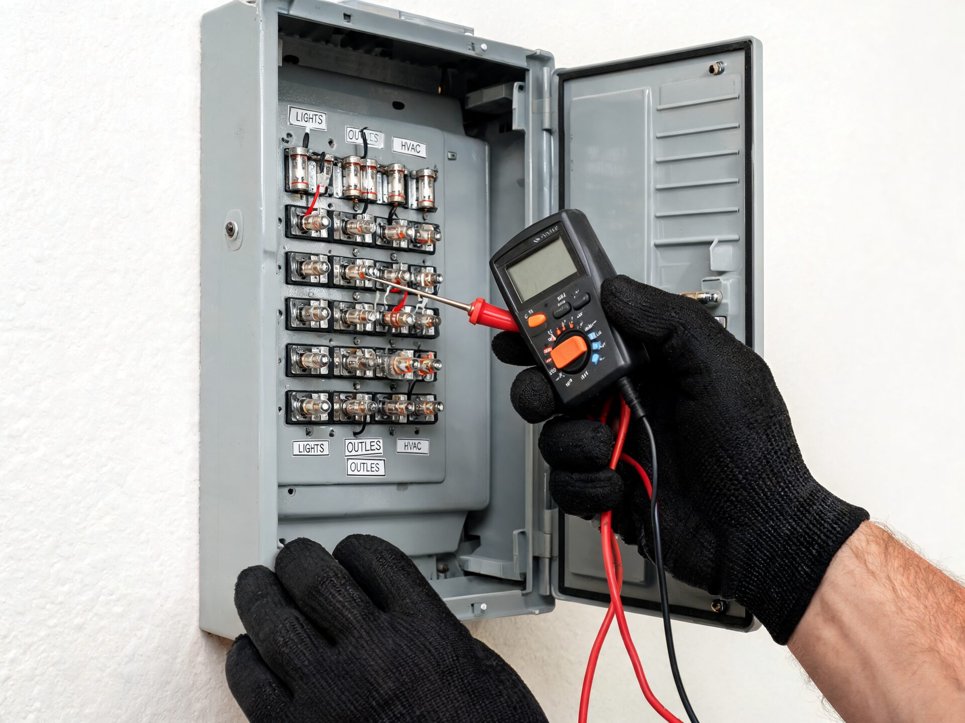 Tecnico verifica quadro elettrico con multimetro